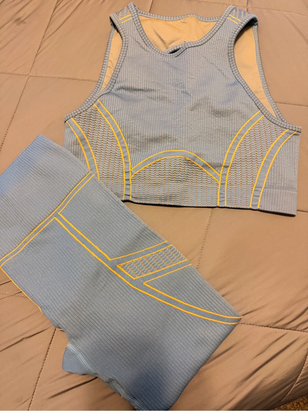 Fabletics Blue and Yellow Seamless Racerback Sports Bra and Leggings Set